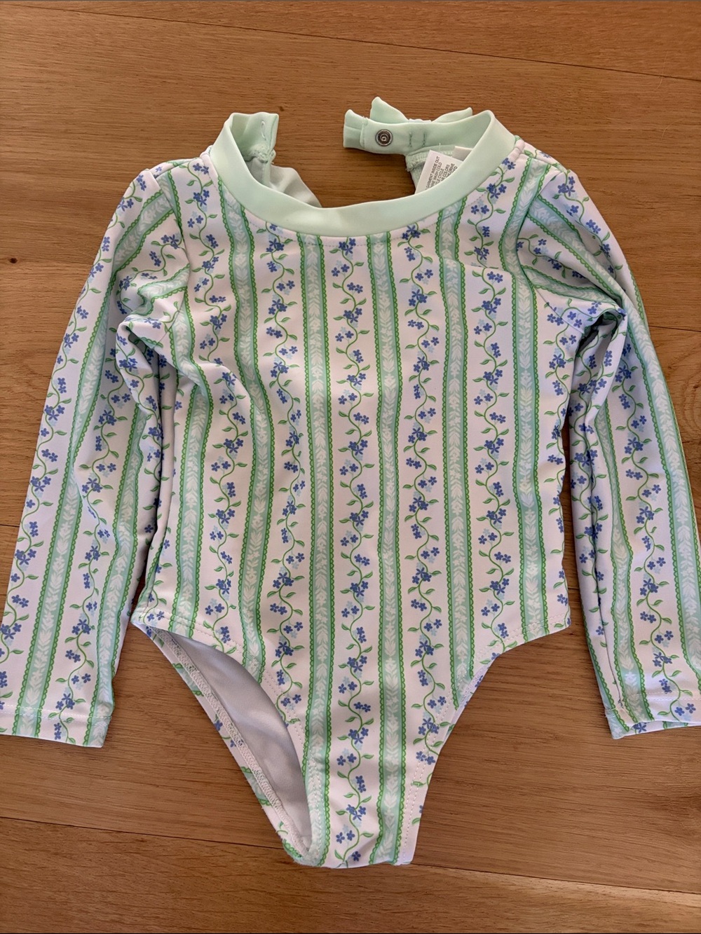 Kids Long Sleeve One-Piece Swimsuit in Green Floral Stripe